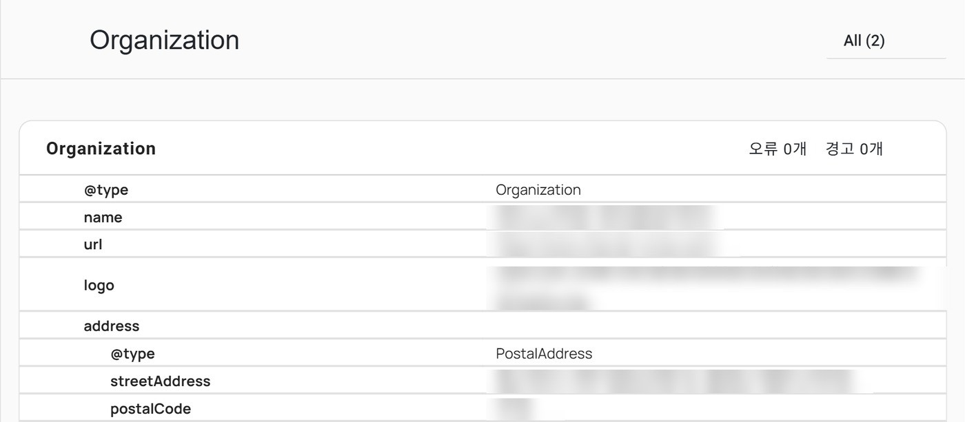 웹사이트에 적용한 Organization 구조화 데이터. 상호와 주소 가림