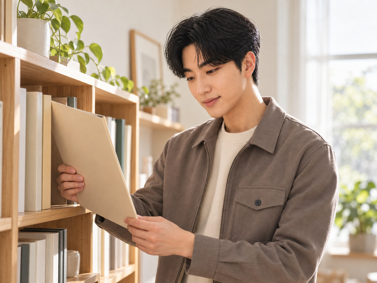 책장에서 폴더를 고르는 이팀장 시그니처 인물, AI 연출 이미지